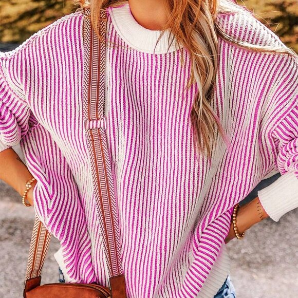 Hot Pink Casual Women's Striped Long Sleeved Round Neck Loose Pullover top - Picture 4 of 8